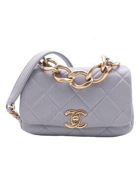Chanel Chain Shoulder Bag Mini Quilted CC Logo Gray Lambskin 2-Way
